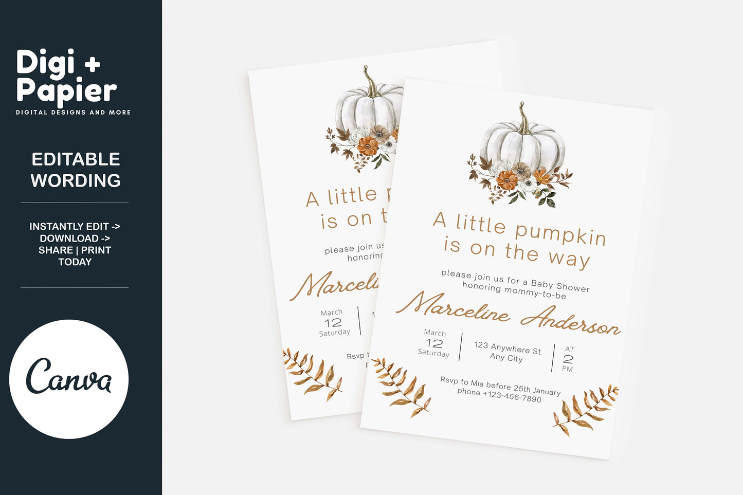 Editable Fall Pumpkin Baby Shower Invitation A Little Pumpkin On the Way Baby Shower Invite Template Instant Download Floral Invitation