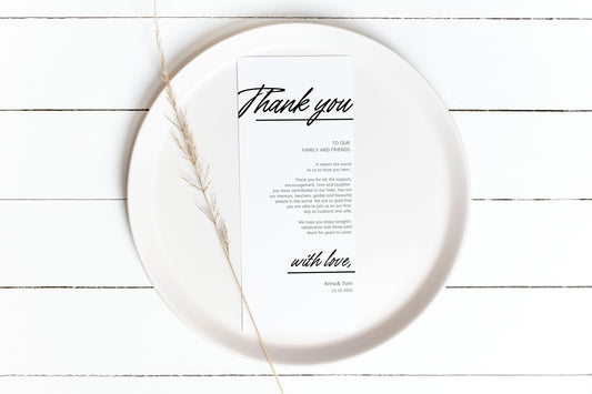 Minimalist Wedding Table Thank You Template, Thank You Napkin Note, Printable Thank You, Place Setting Thank You,  Editable Instant Download