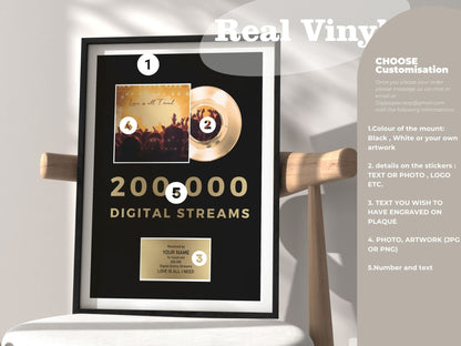 Custom Award Plaque , streaming Goal Gift , Gold Vinyl Recognition Award , Award for Musicians, Singers, Artists, Producers